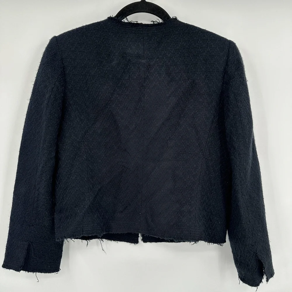 Walter Jacket Womens 8 Black‎ Collarless Open Front Tweed Boucle Fringe Pockets